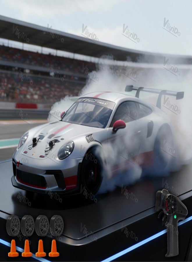 VikriDA 1:24 Scale RC Drift Car - 4WD High-Speed RC Racing Car with LED Lights, 2.4GHz Controller, Rechargeable Batteries & Drifting Tires - Grey & Red - Image 2